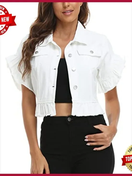 Cropped Denim Jacket with Ruffle Sleeves, Distressed Hem, Fitted Fit - Picture 2 of 7